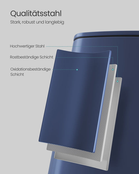 Rootz Midnight Blue Trash Can - Garbage Bin - Waste Receptacle - Steel & PP Plastic - 34cm x 28.5cm x 54.4cm - Large 30L Capacity