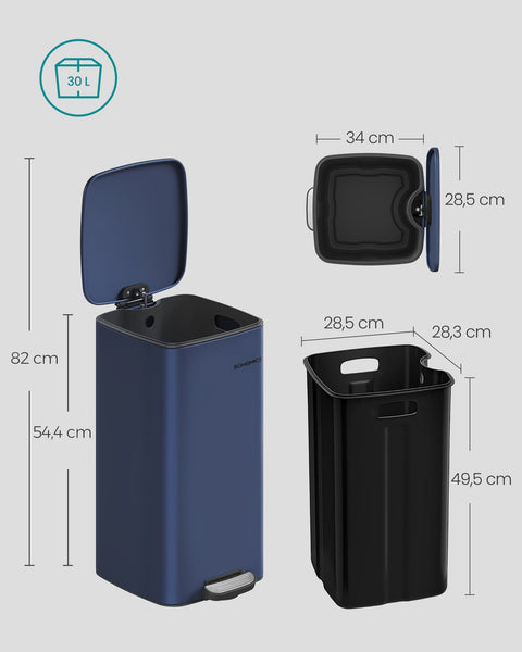 Rootz Midnight Blue Trash Can - Garbage Bin - Waste Receptacle - Steel & PP Plastic - 34cm x 28.5cm x 54.4cm - Large 30L Capacity