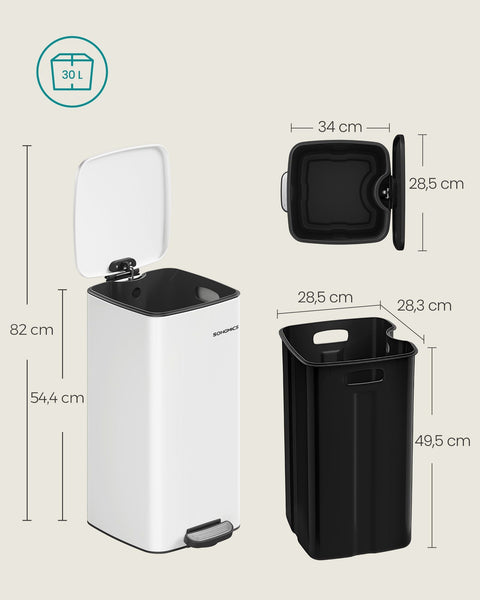 Rootz Cloud White Trash Can - Waste Bin - Garbage Can - Stainless Steel - PP Plastic - 34cm x 28.5cm x 40.4cm - 20L - 67.8cm total height