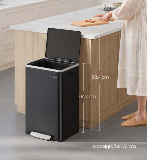 Rootz Black Pedal Trash Bin - Waste Container - Rubbish Bin - 50L Capacity - Durable Steel - 41.6 x 37.2 x 64.7 cm