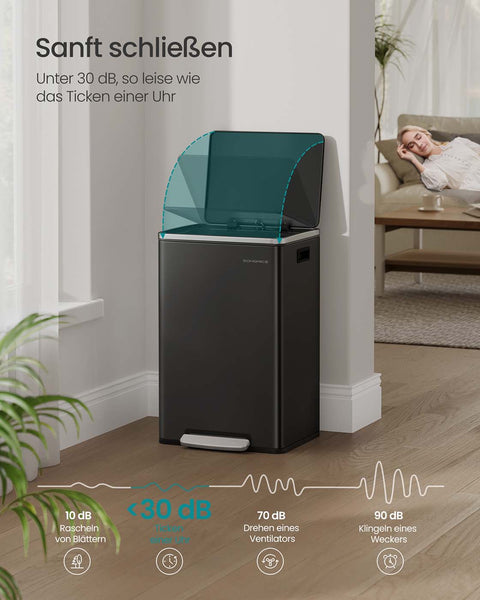 Rootz Black Pedal Trash Bin - Waste Container - Rubbish Bin - 50L Capacity - Durable Steel - 41.6 x 37.2 x 64.7 cm