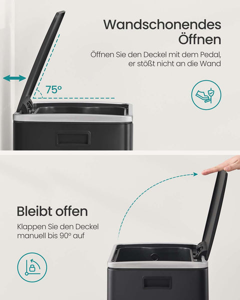 Rootz Black Pedal Trash Bin - Waste Container - Rubbish Bin - 50L Capacity - Durable Steel - 41.6 x 37.2 x 64.7 cm