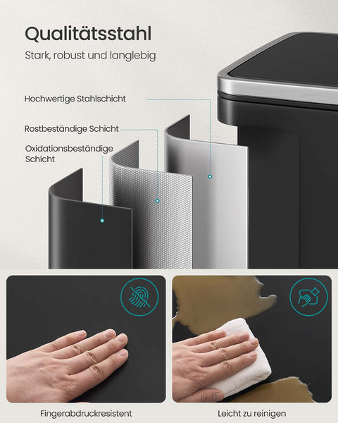 Rootz Black Pedal Trash Bin - Waste Container - Rubbish Bin - 50L Capacity - Durable Steel - 41.6 x 37.2 x 64.7 cm