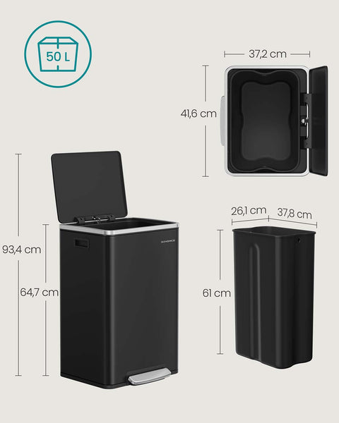 Rootz Black Pedal Trash Bin - Waste Container - Rubbish Bin - 50L Capacity - Durable Steel - 41.6 x 37.2 x 64.7 cm