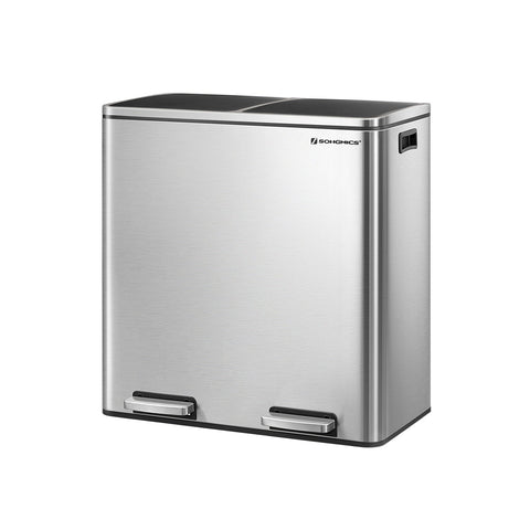 Rootz Dual Compartment Trash Can - Waste Bin - Garbage Can - Stainless Steel - Foot Pedal - Quiet Closing - Hygienic - 58.6cm x 32cm x 65cm