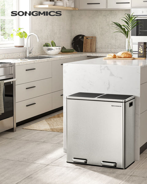 Rootz Dual Compartment Trash Can - Waste Bin - Garbage Can - Stainless Steel - Foot Pedal - Quiet Closing - Hygienic - 58.6cm x 32cm x 65cm