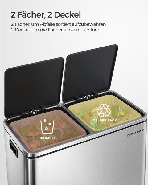 Rootz Dual Compartment Trash Can - Waste Bin - Garbage Can - Stainless Steel - Foot Pedal - Quiet Closing - Hygienic - 58.6cm x 32cm x 65cm