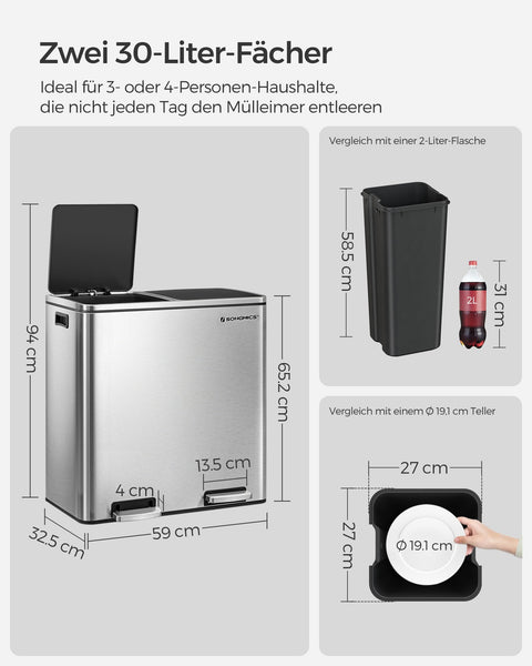 Rootz Dual Compartment Trash Can - Waste Bin - Garbage Can - Stainless Steel - Foot Pedal - Quiet Closing - Hygienic - 58.6cm x 32cm x 65cm