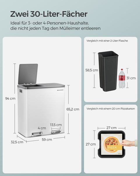 Rootz Dual Compartment Pedal Bin - Recycling Bin - Trash Can - Steel Construction - Hygienic - Puppy and Child Safe - 58.6cm x 32cm x 65cm