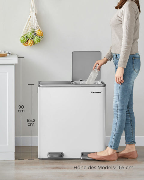 Rootz Dual Compartment Pedal Bin - Recycling Bin - Trash Can - Steel Construction - Hygienic - Puppy and Child Safe - 58.6cm x 32cm x 65cm