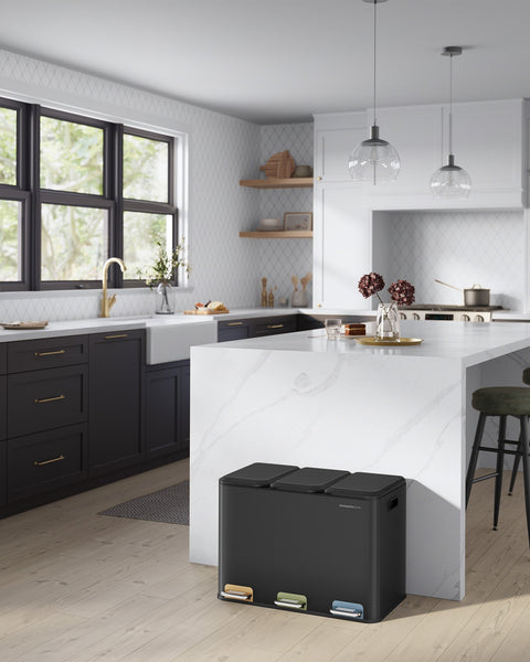 Rootz Steel 3 Compartment Trash Can - Garbage Bin - Recycling Bin - 45L Capacity - 60.5cm x 38.8cm x 42.7cm - Ink Black - 6.8kg