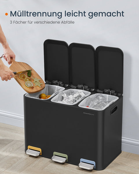 Rootz Steel 3 Compartment Trash Can - Garbage Bin - Recycling Bin - 45L Capacity - 60.5cm x 38.8cm x 42.7cm - Ink Black - 6.8kg