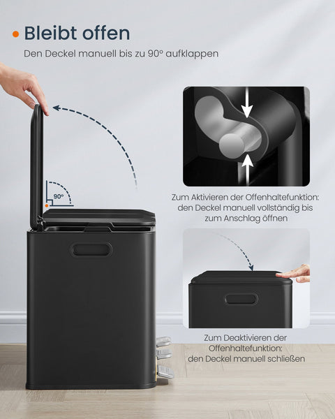 Rootz Steel 3 Compartment Trash Can - Garbage Bin - Recycling Bin - 45L Capacity - 60.5cm x 38.8cm x 42.7cm - Ink Black - 6.8kg