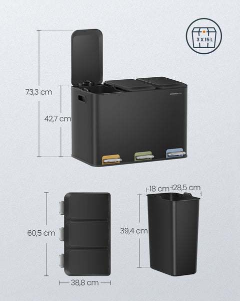 Rootz Steel 3 Compartment Trash Can - Garbage Bin - Recycling Bin - 45L Capacity - 60.5cm x 38.8cm x 42.7cm - Ink Black - 6.8kg
