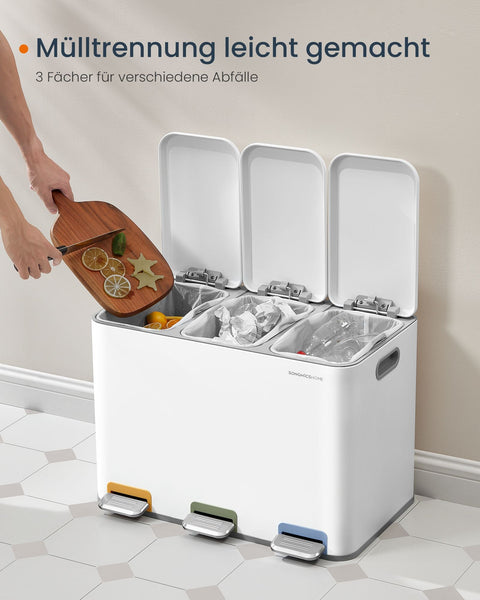 Rootz Colorful Steel 3 Compartment Trash Can - Waste Bin - Recycling Bin - PP Plastic Inner Bucket - 60.5cm x 38.8cm x 42.7cm