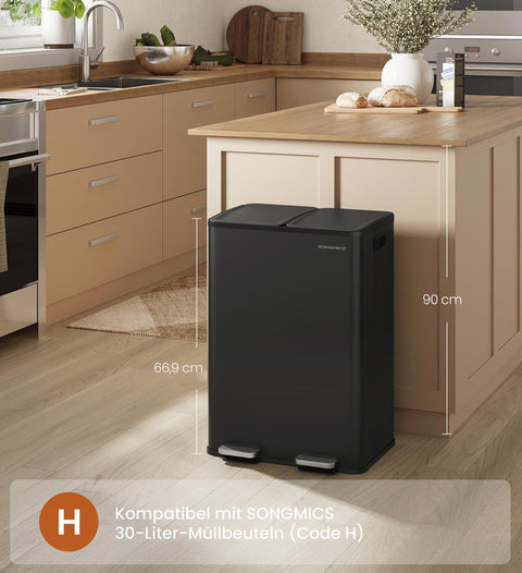 Rootz Twin Compartment Recycling Bin - Trash Bin - Waste Separator - Steel & PP Plastic - 2 x 30L - 47.6 x 37.7 x 66.9 cm