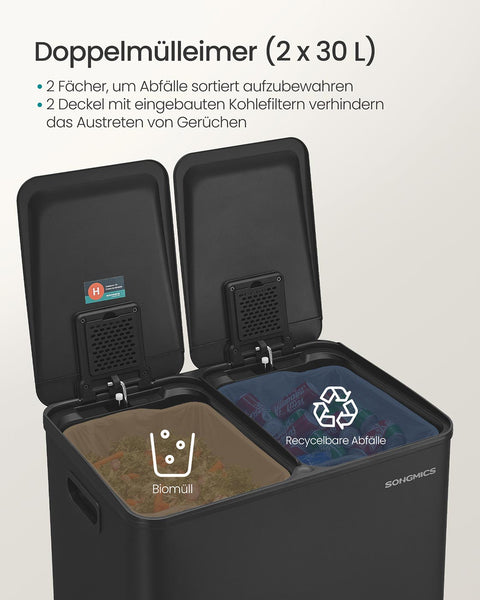 Rootz Twin Compartment Recycling Bin - Trash Bin - Waste Separator - Steel & PP Plastic - 2 x 30L - 47.6 x 37.7 x 66.9 cm