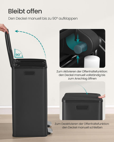 Rootz Twin Compartment Recycling Bin - Trash Bin - Waste Separator - Steel & PP Plastic - 2 x 30L - 47.6 x 37.7 x 66.9 cm