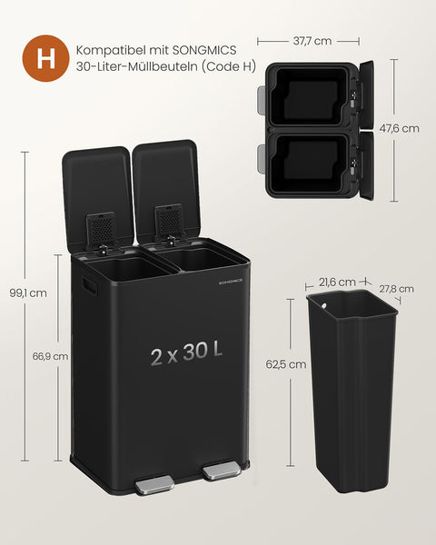 Rootz Twin Compartment Recycling Bin - Trash Bin - Waste Separator - Steel & PP Plastic - 2 x 30L - 47.6 x 37.7 x 66.9 cm