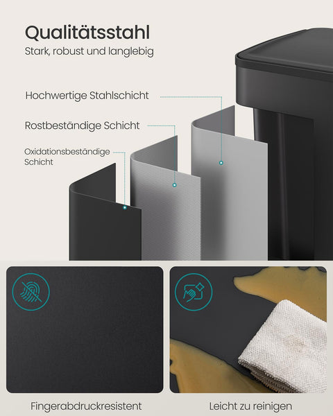 Rootz Twin Compartment Recycling Bin - Trash Bin - Waste Separator - Steel & PP Plastic - 2 x 30L - 47.6 x 37.7 x 66.9 cm