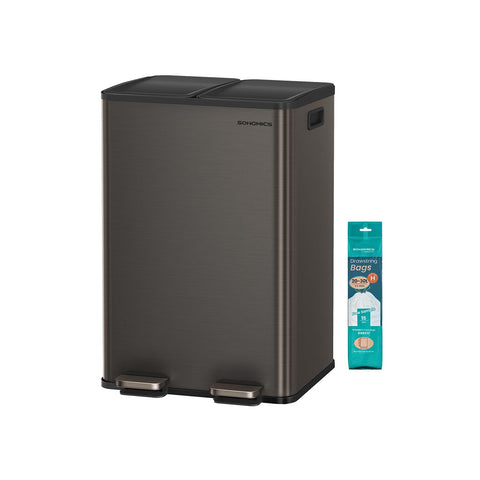 Rootz Large Dual Compartment Trash Bin - Waste Disposal - Recycling Bin - Black- 60L Capacity - 47.6 x 37.7 x 66.9 cm