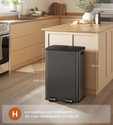 Rootz Large Dual Compartment Trash Bin - Waste Disposal - Recycling Bin - Black- 60L Capacity - 47.6 x 37.7 x 66.9 cm