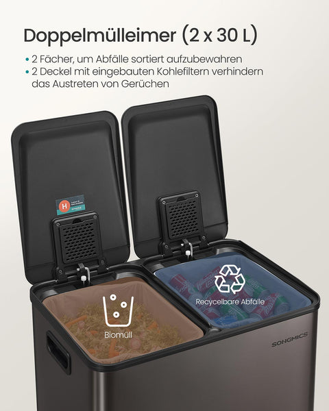 Rootz Large Dual Compartment Trash Bin - Waste Disposal - Recycling Bin - Black- 60L Capacity - 47.6 x 37.7 x 66.9 cm