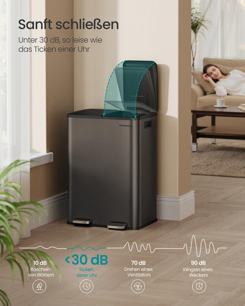 Rootz Large Dual Compartment Trash Bin - Waste Disposal - Recycling Bin - Black- 60L Capacity - 47.6 x 37.7 x 66.9 cm