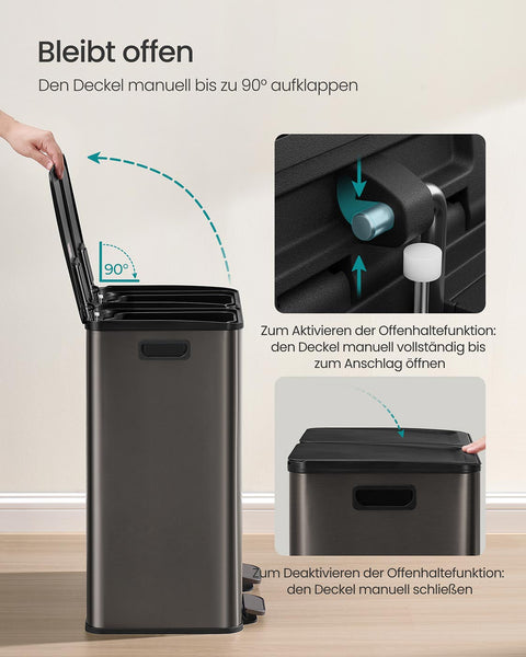 Rootz Large Dual Compartment Trash Bin - Waste Disposal - Recycling Bin - Black- 60L Capacity - 47.6 x 37.7 x 66.9 cm