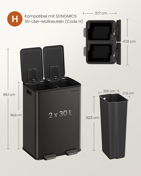Rootz Large Dual Compartment Trash Bin - Waste Disposal - Recycling Bin - Black- 60L Capacity - 47.6 x 37.7 x 66.9 cm
