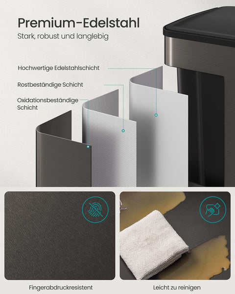 Rootz Large Dual Compartment Trash Bin - Waste Disposal - Recycling Bin - Black- 60L Capacity - 47.6 x 37.7 x 66.9 cm