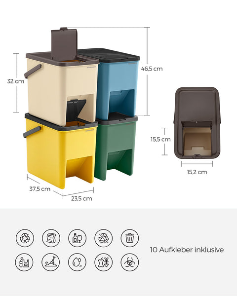 Rootz 4 Piece Set Trash Cans - Garbage Bins - Waste Baskets - PP Plastic - 37.5cm x 23.5cm x 32cm - 20L Each - Includes Stickers