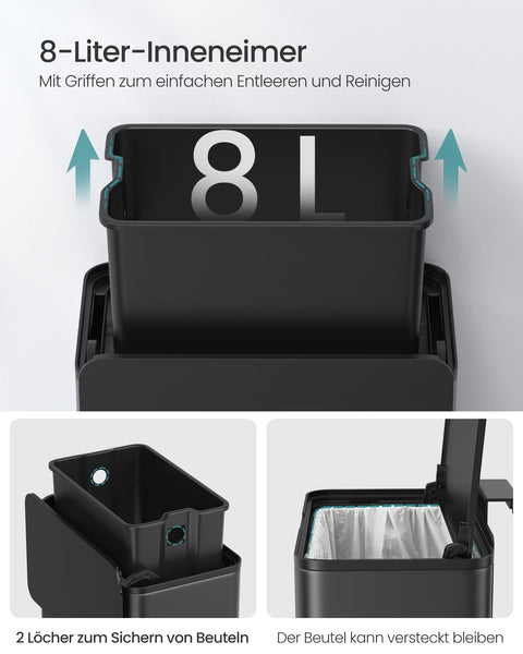 Rootz Steel Trash Can - Waste Bin - Garbage Bin - 8 Liters Capacity - 25.8cm x 15.2cm x 32cm - Ink Black - Eco-Friendly