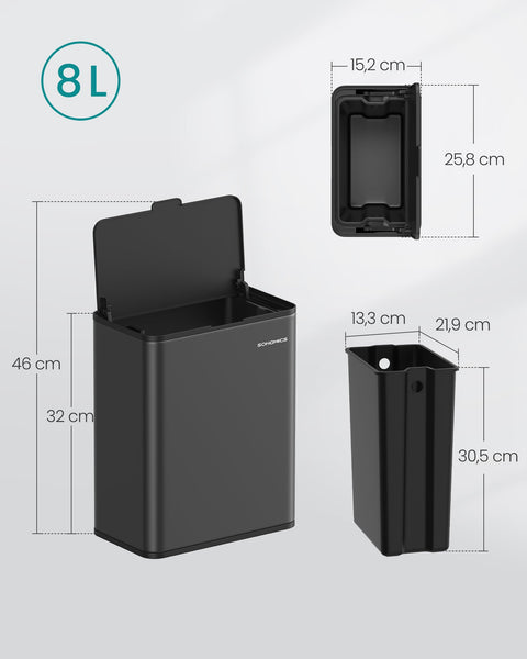 Rootz Steel Trash Can - Waste Bin - Garbage Bin - 8 Liters Capacity - 25.8cm x 15.2cm x 32cm - Ink Black - Eco-Friendly