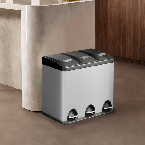 Rootz Dash Can Kitchen 3 x 8L - Compact Waste Bin - Small Capacity Garbage Bin - Steel & Plastic - 47x28x39.5cm, Total 63.5cm High