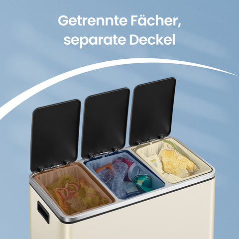 Rootz Dash Can Kitchen - Garbage Separation System - 3 Compartment Bin - Steel & PP Plastic - 61cm x 31.5cm x 55.5cm