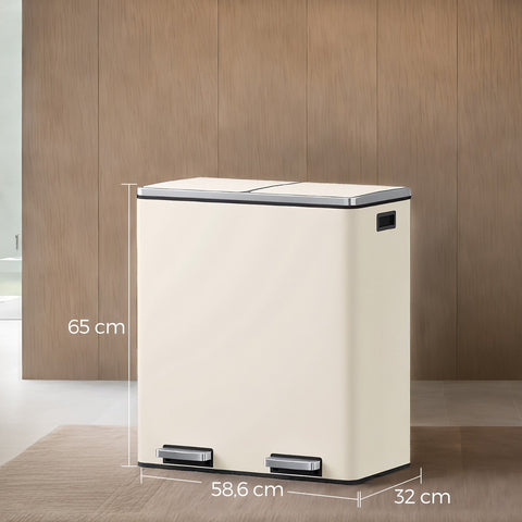 Rootz Dual Compartment Dash Can - Trash Bin - Rubbish Container - Steel - 59x36.5x65.2cm - Foot Pedal Convenience