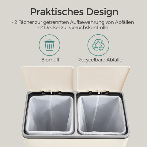 Rootz Dual Compartment Dash Can - Trash Bin - Rubbish Container - Steel - 59x36.5x65.2cm - Foot Pedal Convenience