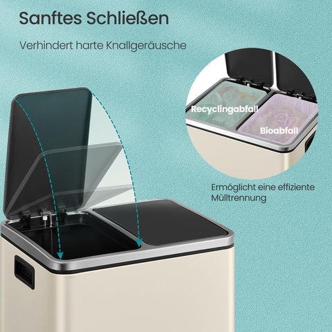 Rootz Dual Compartment Waste Separation System - Trash Can - Rubbish Bin - Eco-Friendly - 41x31.5x47cm - Beige-Black - Includes 15 Garbage Bags