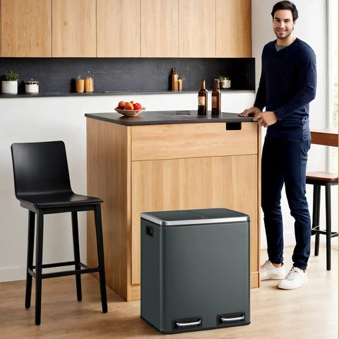 Rootz 2 x 15L Waste Separation Pedal Bin - Dual Compartment - Recycling Can - Hygienic Steel - 41x36x(47-73.5) cm - 15 Garbage Bags Included