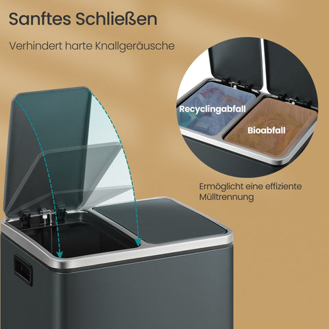 Rootz 2 x 15L Waste Separation Pedal Bin - Dual Compartment - Recycling Can - Hygienic Steel - 41x36x(47-73.5) cm - 15 Garbage Bags Included