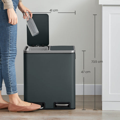 Rootz 2 x 15L Waste Separation Pedal Bin - Dual Compartment - Recycling Can - Hygienic Steel - 41x36x(47-73.5) cm - 15 Garbage Bags Included