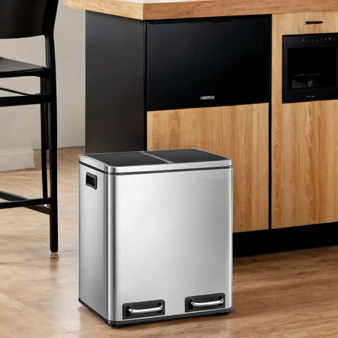 Rootz 2 x 15 Liter Waste Separation System - Garbage Bin - Trash Can - Stainless Steel - Robust & Durable - 41x47x36cm