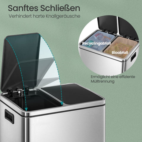 Rootz 2 x 15 Liter Waste Separation System - Garbage Bin - Trash Can - Stainless Steel - Robust & Durable - 41x47x36cm