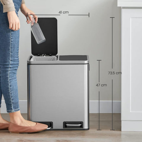 Rootz 2 x 15 Liter Waste Separation System - Garbage Bin - Trash Can - Stainless Steel - Robust & Durable - 41x47x36cm