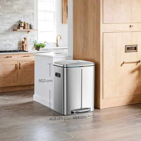 Rootz 40L Dual Compartment Trash Can - Garbage Separation System - Metal Waste Bin - Hygienic Pedal Operation - 44.5cm x 36cm x 60cm