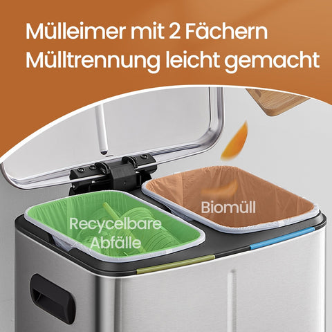 Rootz 40L Dual Compartment Trash Can - Garbage Separation System - Metal Waste Bin - Hygienic Pedal Operation - 44.5cm x 36cm x 60cm