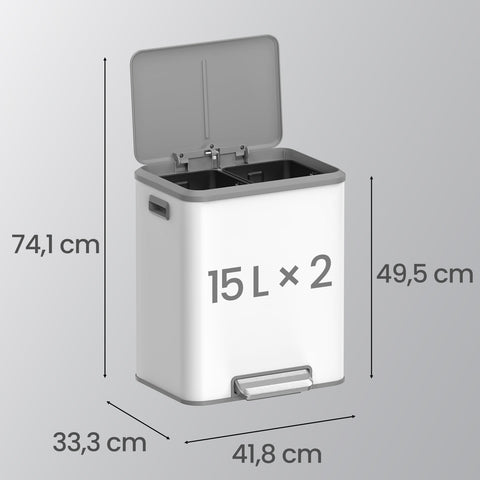 Rootz White Trash Bin - Waste Container - Rubbish Bin - Space-Saving Design - 41.7 x 33.2 x 49.4 cm
