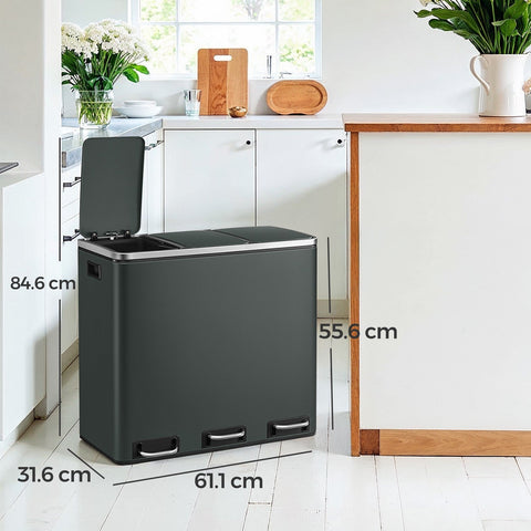 Rootz 3-Compartment Pedal Bin - Trash Can - Waste Container - Hygienic Hands-Free Use - 61.5cm x 31.5cm x 56cm - Grey Steel