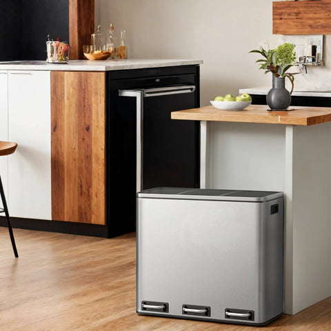 Rootz 3 x 18L Pedal Kitchen Bin - Garbage Separation System - Recycling Bins - Hygienic & Pet-Proof - 61.5cm x 31.5cm x 56cm
